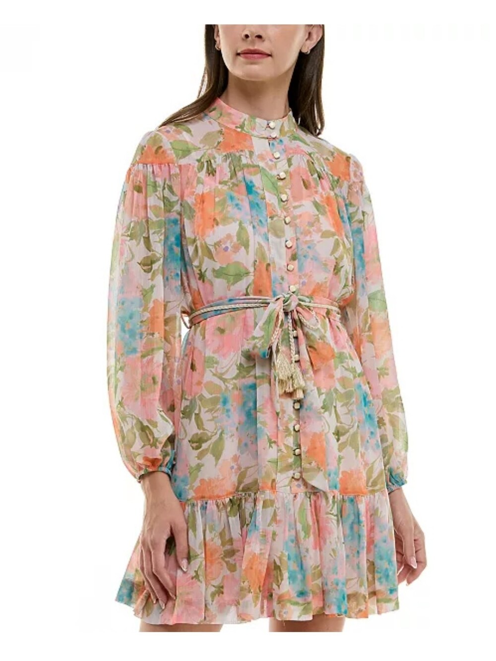 Taylor Floral Chiffon Shirt Dress Size 12 Belted Boho Tiered Mini $168 Cocktail